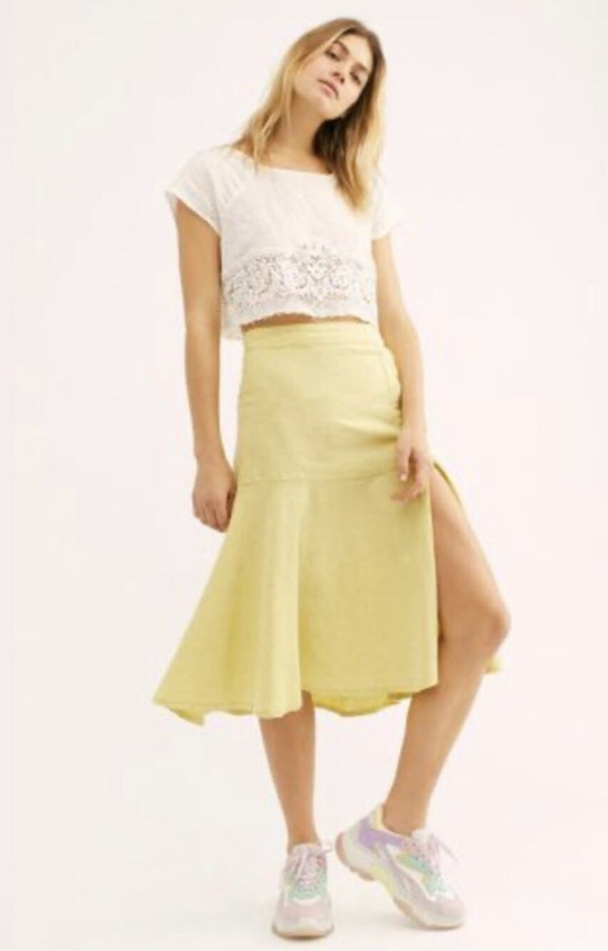 Free People Poppy Midi Skirt Yellow Slit Button Linen Rayon Women's Size 6 Boho